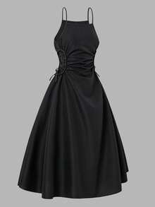 少女休闲优雅吊带束腰连衣裙，适合日常、派对和各种活动穿着。 - 黑色 - 查看 6