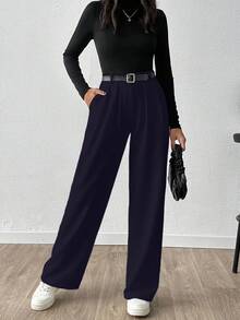 SHEIN Cottnline Women Solid Color Extra Wide Leg Pants - Navy Blue - View 5