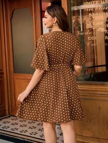 SHEIN Unity Plus Size Polka Dot Wrap Ruffle Hem Short Sleeve Summer Dress - Coffee Brown - View 4