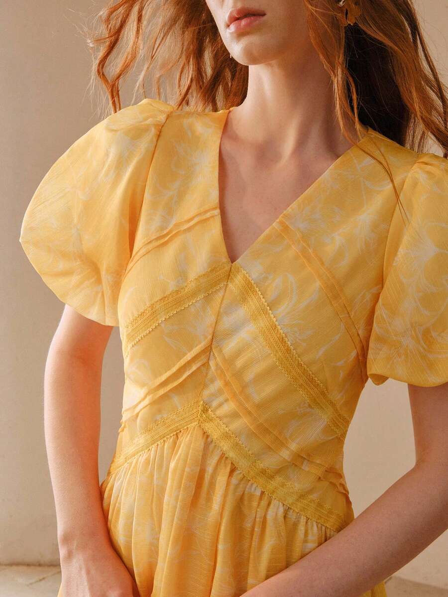 MOTF PREMIUM WOMEN'S FLORAL PRINT PUFF SLEEVE CONTRAST LACE DRESS - Yellow - View 2