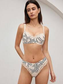 Ocili Comfortable Bohemian Floral Print Wireless Mesh Bra, Minimalist Cozy Lingerie, Easy Comfort Chic Autumn Casual Women's Bra - Khaki - View 4