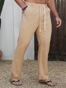VENTUSAIL 男士休闲裤，杏色梭织绉纱面料，通勤百搭，时尚舒适，适合送给男友/老公，周年纪念礼物，男士经典款，日常休闲，周末旅行，户外活动，探险旅行，轻松的工作环境或半正式场合，男友/老公礼物，周年纪念/生日礼物，派对，夏季假期，婚礼，春夏，狂欢节，男士宽松版型纹理面料长裤，卡其色抽绳腰带，男士抽绳裤，男士米色长裤，男士亚麻裤，奶油色慢跑裤，条纹裤 - 杏色 - 查看 6