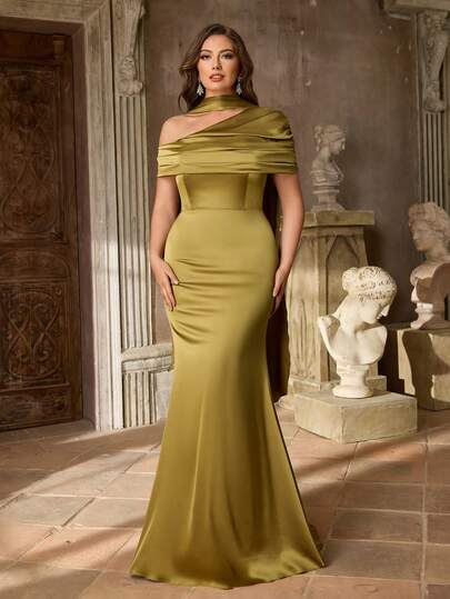 Aureia Plus Size Elegant Romantic Sexy Fashion Army Green Stretch Satin Asymmetric Neckline Halter Mermaid Hem With Train Fashionable Influencer Holiday Birthday Party Wedding Bridesmaid Dress