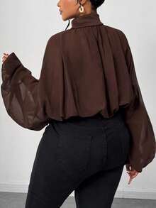 SHEIN CURVE+ Áo khoác ngoài dáng ngắn, cổ cao, tay phồng, xếp ly, chất liệu chiffon mỏng, dành cho nữ, cỡ lớn. - màu nâu - Xem 6