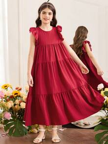 SHEIN Girls' Casual Vacation Multi-Layer Patchwork Loose A-Line Cap Sleeve Robe, Wine Red, Bright Red - Red - View 4