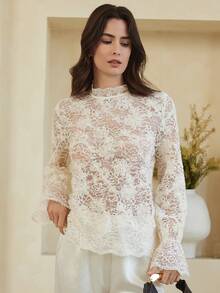 Dazy-Less Elegant Lace Women's Shirt, Waist Cinched Design, Casual For Commuting, Suitable For Spring, Summer, Valentine's Day, Wedding - White - View 3