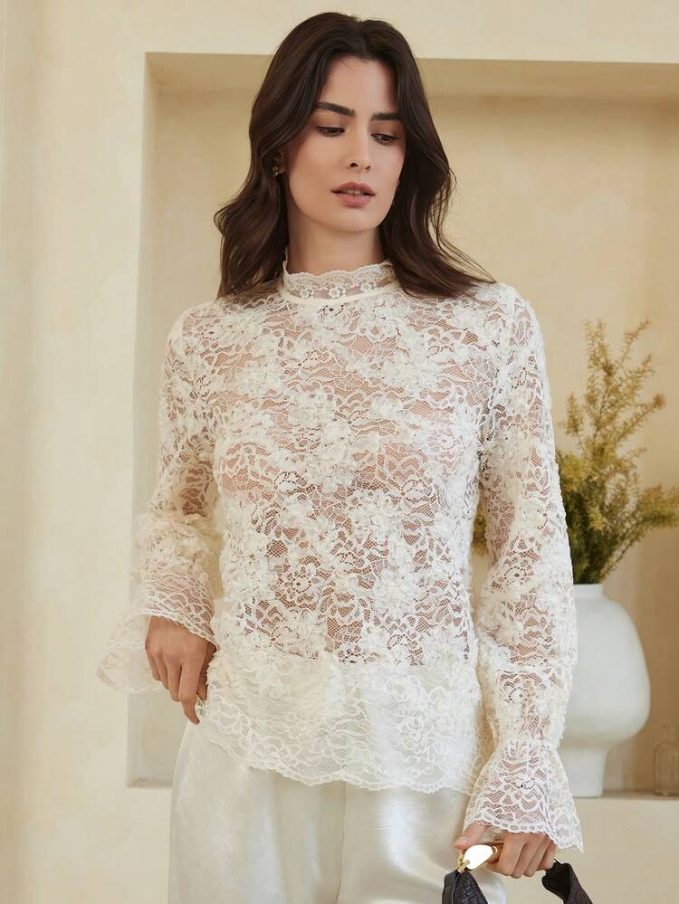 Dazy-Less Elegant spetsskjorta för kvinnor, midjeåtsnörning, avslappnad för pendling, lämplig för vår, sommar, alla hjärtans dag, bröllop - Vitt - Visa 3