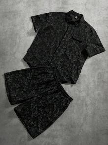 PAVTROS Bộ áo sơ mi và quần short ngắn tay dáng rộng màu đen có họa tiết dập nổi dành cho nam, bộ đồ lụa đen hai mảnh, bộ quần short nam Manfinity. - màu đen - Xem 8