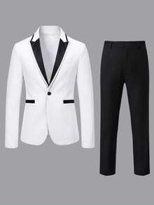 Manfinity Bizformal Bộ vest nam tối giản màu trơn gồm áo khoác và quần, bộ vest cưới chú rể màu trắng và đen, trang phục cưới hai mảnh cho chú rể, thích hợp cho các chuyến đi cuối tuần, hoạt động ngoài trời, du lịch, môi trường làm việc thoải mái hoặc các dịp bán trang trọng, quà tặng cho bạn trai/chồng, quà kỷ niệm/sinh nhật, tiệc tùng, kỳ nghỉ hè, lễ hội, năm mới, đám cưới, ngày Valentine, bộ vest tuxedo. - Đen và trắng - Xem 3