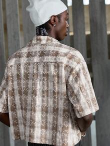 NEON BLANC Men's Embroidered Plaid Print Button-Front Short Sleeve Shirt, Spring/Summer - White - View 4