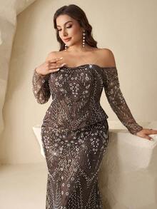Coutiva 大码优雅秋冬亮片串珠露肩长袖两件套，搭配美人鱼裙，正式晚礼服，适合婚礼宾客、毕业典礼、生日派对、音乐节等场合，闪亮水钻，奢华钻石，耀眼魅力。 - 棕色 - 查看 5