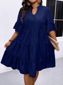 EMERY ROSE Vestido elegante de talla grande con cuello con muesca y dobladillo con volantes de unicolor - Azul Marino - Ver 1