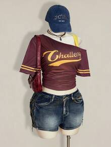 SHEIN ICON 大码女式字母印花短袖休闲不对称领二合一运动T恤 - 彩色 - 查看 9