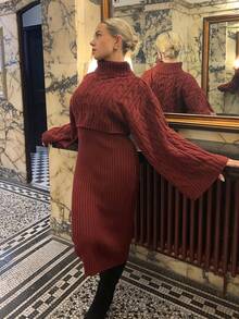 Bethéva 2pcs Women's Casual Knitted Sweater Top And Long Skirt Set, Loose Fit Turtleneck Long Sleeve Crop Top And Skirt, Autumn/Winter - Red - View 6