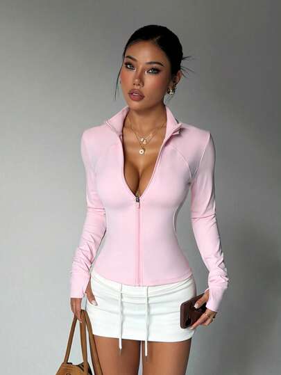 Core Rhythm Women's Solid Color Stand Collar Zipper Front Fitted Casual Everyday Fitness Sports Jacket