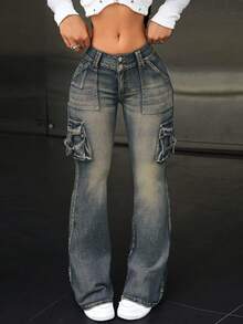 SHEIN ICON Quần jeans ống loe phong cách thường ngày, đường phố, cổ điển, kiểu dáng công sở dành cho nữ. - Màu xanh bụi bặm - Xem 5
