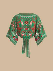 Travachic Áo sơ mi nữ dáng ngắn cổ chữ V tay cánh dơi thắt nơ phía trước, in họa tiết hoa và hình học. - xanh quân đội - Xem 3