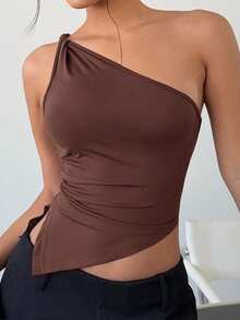 Siren Gaze 情人节酒红色扭结单肩上衣，优雅修身女款 - 紅木色 - 查看 11