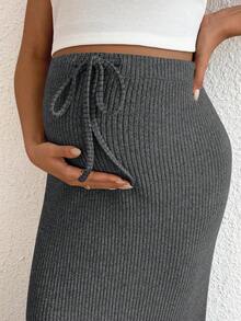 SHEIN Maternity Tank Top And Adjustable Waist Drawstring Fitted Skirt 2 Pieces Set - Grey - View 4