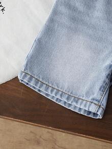 SHEIN 男童休闲百搭水洗蓝多口袋牛仔工装短裤 - 淺色水洗藍 - 查看 5