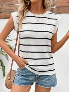 SHEIN LUNE Women's Round Neck Ribbed Print Ribbed Casual Versatile T-Shirt - Multicolor - View 5