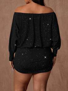 SHEIN CURVE+ 大码女式复古浪漫性感派对亮片露肩大袖连衣裙，返校季必备，斜领，不对称领口，长袖，两穿式，修身紧身鸡尾酒会礼服，情人节、舞会、度假派对礼服 - 黑色 - 查看 2