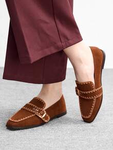 CUCCOO BIZCHIC Zapatos de mujer de moda casual para primavera y otoño con suela gruesa, estilo retro universitario con decoración de hebilla y tira cruzada en lona, punta cerrada, empeine alto y tacón grueso pequeño, cómodos para ir a la oficina y para el trabajo - Marrón Mocha - Ver 2