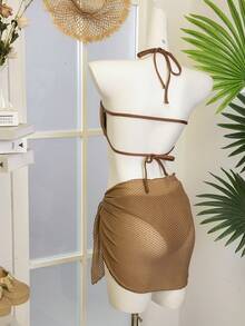 Bellisia 3pcs Women's Elegant Casual Halter Tie Bikini Set With Asymmetric Trim & Mesh Skirt, Summer Beach Wear - Camel - View 6