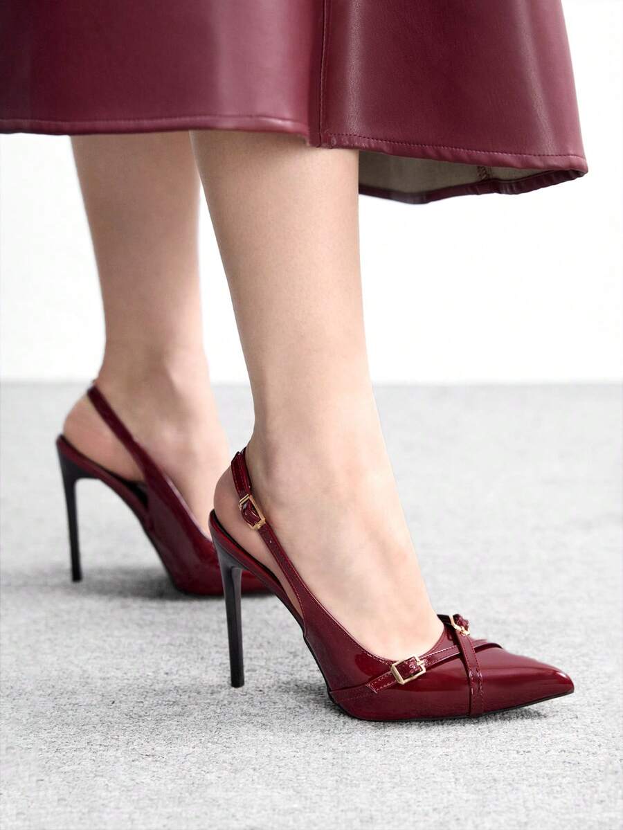 CUCCOO BIZCHIC Sapatos de salto alto femininos com bico fino e sem calcanhar, salto agulha sexy para uso externo, no trabalho, em festas e casamentos. - Borgonha - Ver 1