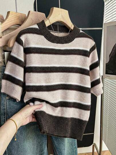 Franclia Women's All-Match Minimalist Striped Contrast Color Versatile School/Work Pullover Short Sleeve Sweater