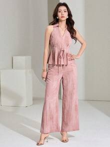 DAZY Women's Casual Floral Print Sleeveless Lapel Tie-Up Vest And Wide Leg Pants 2-Piece Set, Spring/Summer - Pink - View 4