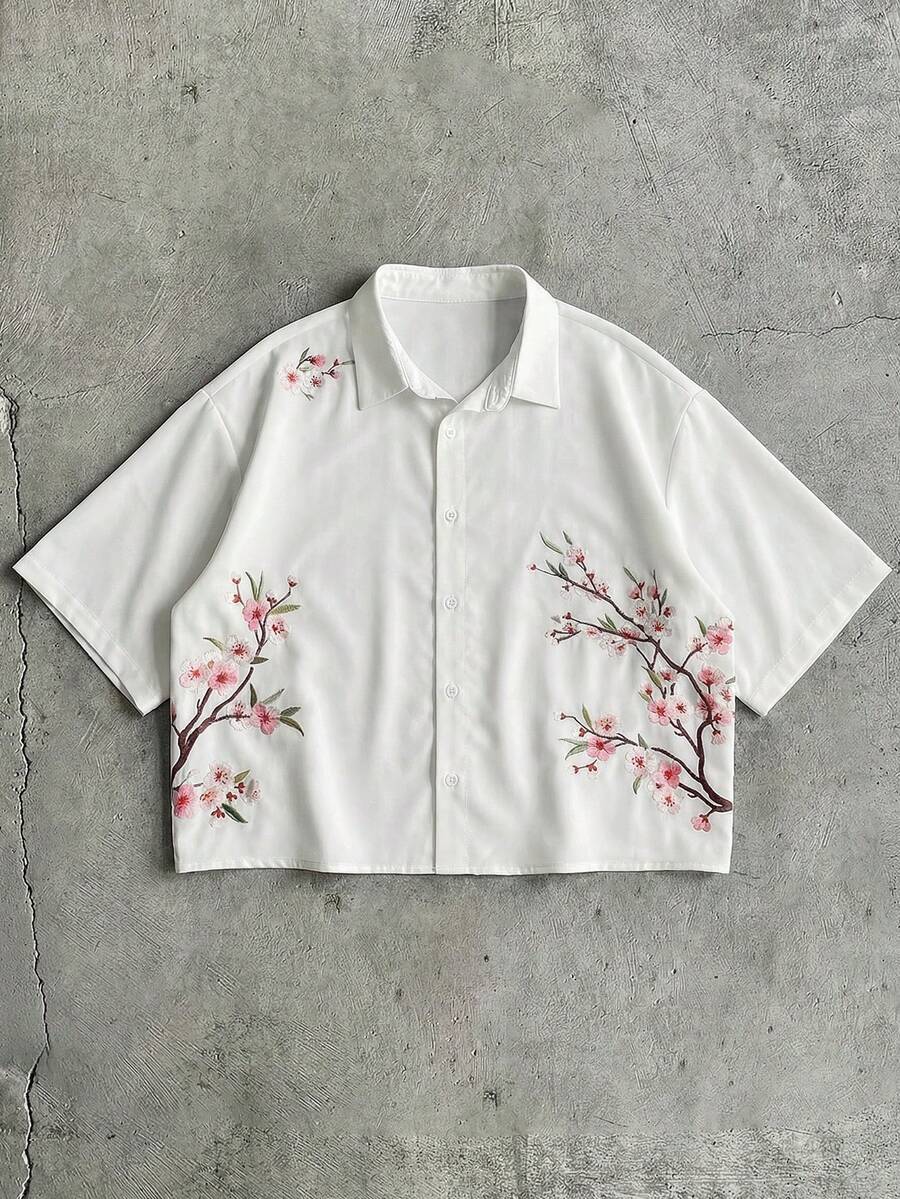 AXEPEAK Men's Fashionable Casual Printed Button-Down Short Sleeve Shirt - White - View 1