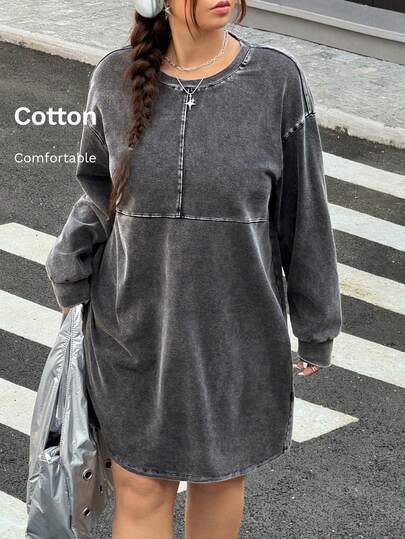 Muchica Plus Size Women's Loose Fit Dropped Shoulder Long Sleeve Casual Dress