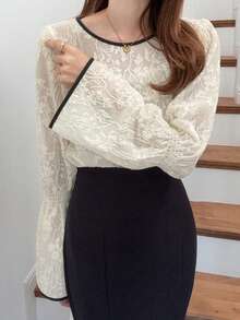 FRIFUL Women's Round Neck Lace Fabric Shirt With Contrast Color Trim On Collar And Cuffs, Bell Sleeve Design, Suitable For Spring To Summer - White - View 7