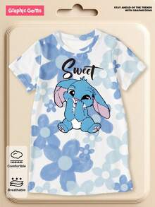 Spring, Summer & Autumn Young Girl Casual Fashionable Creative Personalized Fresh Minimalist Cute Cartoon Blue Rabbit Flower Pattern Letter Slogan Graphic Print Comfortable Basic Short Sleeve T-Shirt Dress, Cozy Summer & Fall Styles Suitable For Spring, Summer, Autumn Girls Casual Printed Straight Dress - Multicolor - View 8