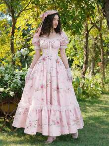 SHEIN MOD 粉色印花维多利亚风格蕾丝荷叶边长裙——复古礼服、派对礼服、舞会礼服；做工精致，完美适用于度假、约会、野餐、派对、舞会、节日和生日等场合；浪漫可爱 - 粉色 - 查看 3