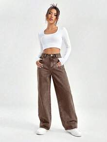 SHEIN EZwear 女士带口袋纽扣休闲百搭日常穿着阔腿牛仔裤 - 棕色 - 查看 3