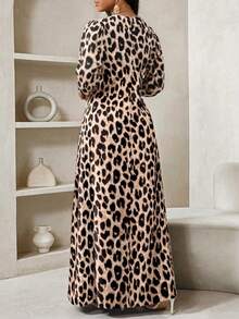 SHEIN Lady Đầm dài tay cổ chữ V, túi chéo, họa tiết da báo kiểu Âu và Mỹ dành cho nữ. - Màu Khaki - Xem 2