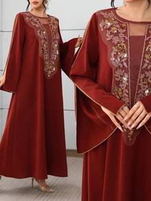 Al Najma Sequin Embellished Slit Sleeve Women's Turkish Maxi Dress & Arabic Traditional Abaya Kaftan Jalabiya Dress - Redwood - View 5