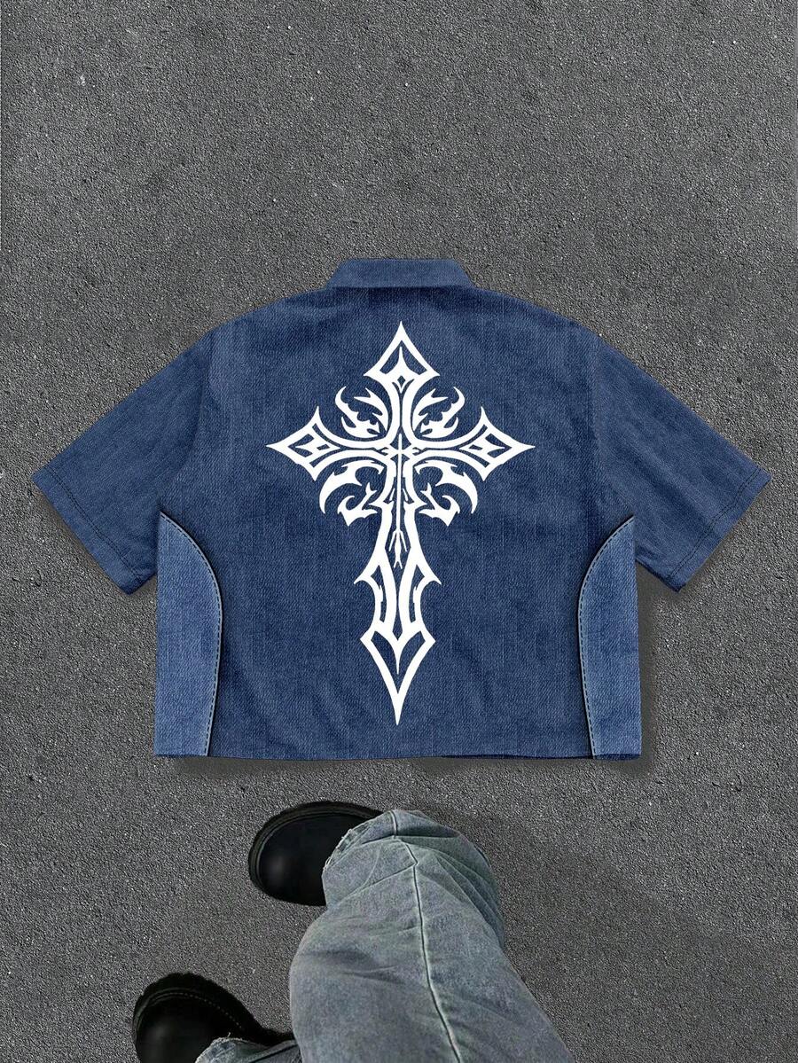 Manfinity ZONE917 Áo sơ mi tay ngắn dáng rộng ZONE917 màu trắng bạc, họa tiết giả denim chắp vá, kiểu Gothic, quà tặng Gothic cho bạn trai. - Nhiều màu - Xem 1