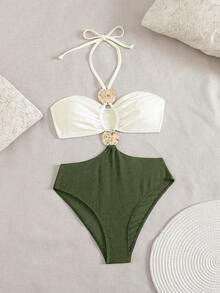 Swim Chiccia 女士黑白撞色露背金属饰品时尚优雅连体泳衣，适合海滩、音乐节、春夏穿着 - 彩色 - 查看 4