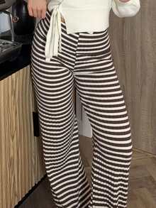 Bethéva 女士卷腰运动休闲裤条纹喇叭裤 - 咖啡棕 - 查看 6