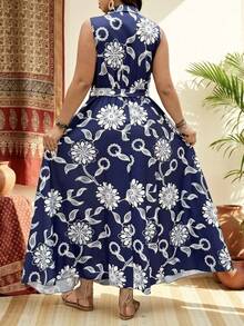 Breezaya 大码女士优雅蓝白花卉印花系带休闲无袖连衣裙 - 藏蓝色 - 查看 2
