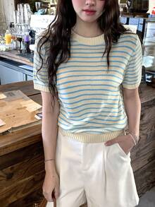 DAZY Women's Retro Chic Round Neck Loose Casual Colorblock Striped Short Sleeve Knit Sweater Top, Spring/Summer - Blue - View 4