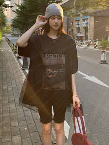 DAZY Women's Round Neck Printed 2 In 1 Korean Style Mesh Patchwork Short Sleeve T-Shirt Graphic Tees Women - Black - View 6