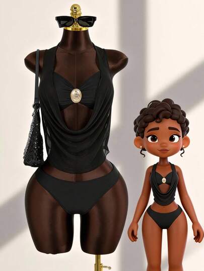 Zestiva 3pcs Women's Summer Vacation Beach Casual Outfit Set: Black Bandeau Crop Top, Matching Black Swim Shorts, And Sheer V-Neck Cover Up