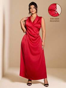 Elenzga 大码女士优雅简约翻领无袖收腰缎面长连衣裙，酒红色，春夏款 - 酒紅色 - 查看 3