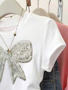 休闲简约仿珍珠蝴蝶结装饰短袖圆领露脐T恤，适合青少年女孩夏季穿着，美式学院风，白色修身款，日常百搭。 - 彩色 - 查看 6