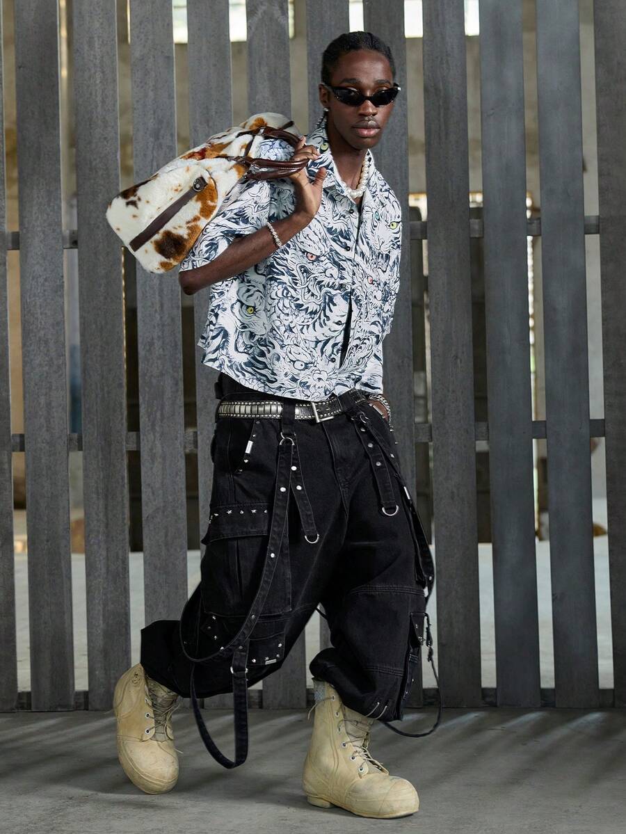 NEON BLANC 男士街头时尚印花短袖衬衫 - 藍白色 - 查看 1