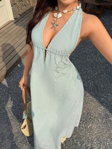 Sunnyshic Blue & White Striped Deep V-Neck Backless Tie-Up Waist A-Line Sleeveless Jumpsuit Dress, Elegant Sexy Cute Suitable For Vacation, Beach, Commute, Party, Daily Wear, Dating, Spring/Summer/Autumn - Green - View 3